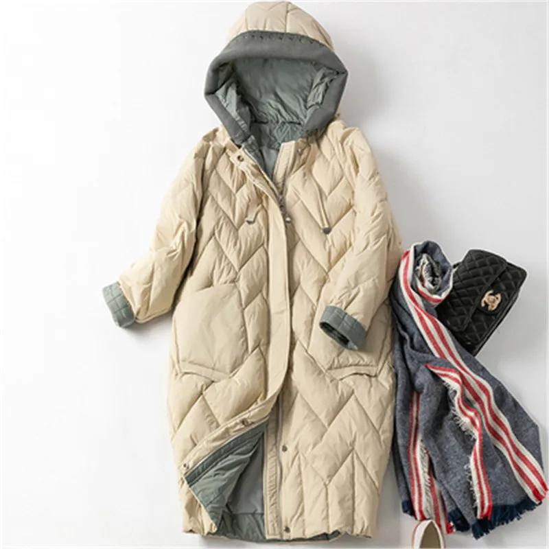 Sanishroly 2020 Women Knitted Patchwork Hooded Coat Warm Thicken White Duck Down Jacket Parka Female Long Winter Outwears SE1030