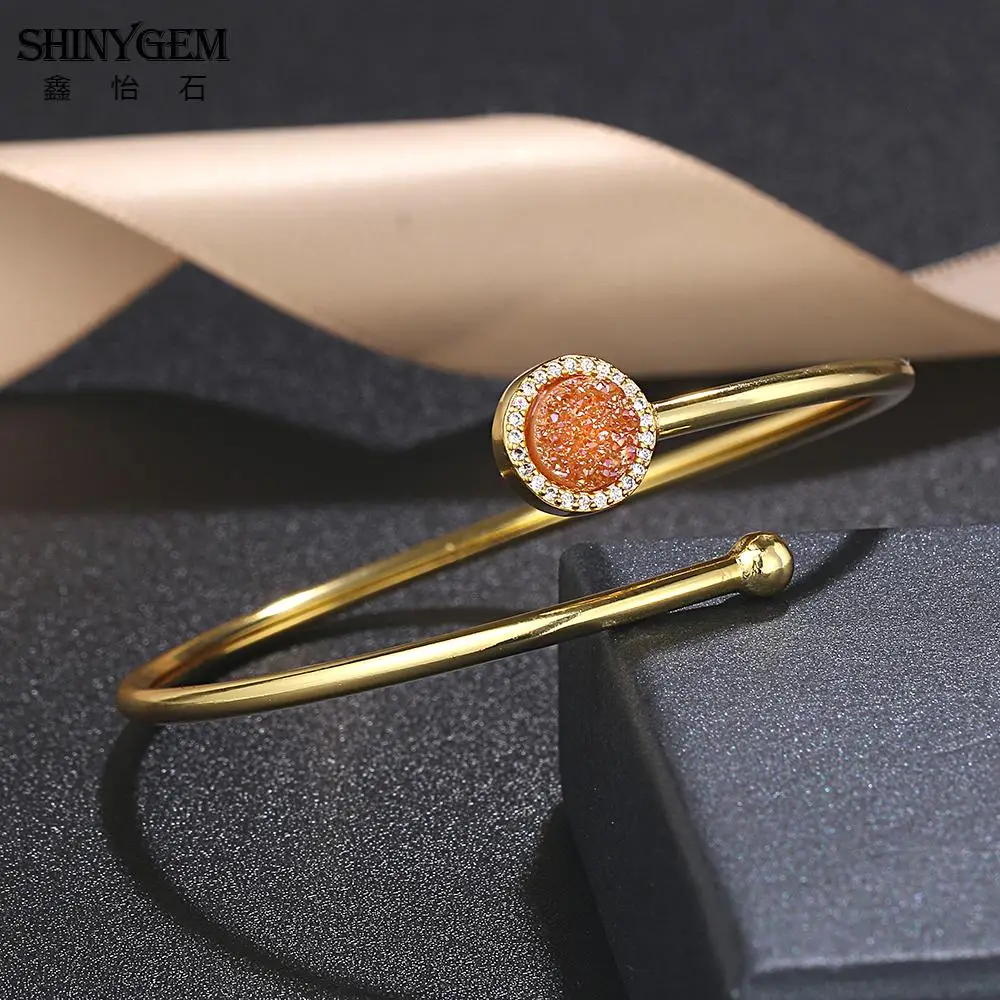 

shinygem 7 7mm round natural sparkling crystal druzy bracelet micro inlay rhinestone classic gold plating open bangles for women