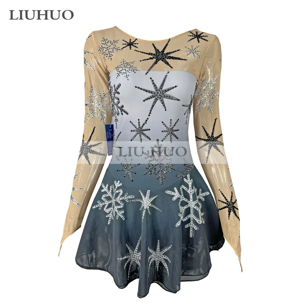 LIUHUO Women Girl Adult Performance Ballet Gymnastics Competition Leotard Ice Figure Skating Dress Dance Gray Gradient Snowflake