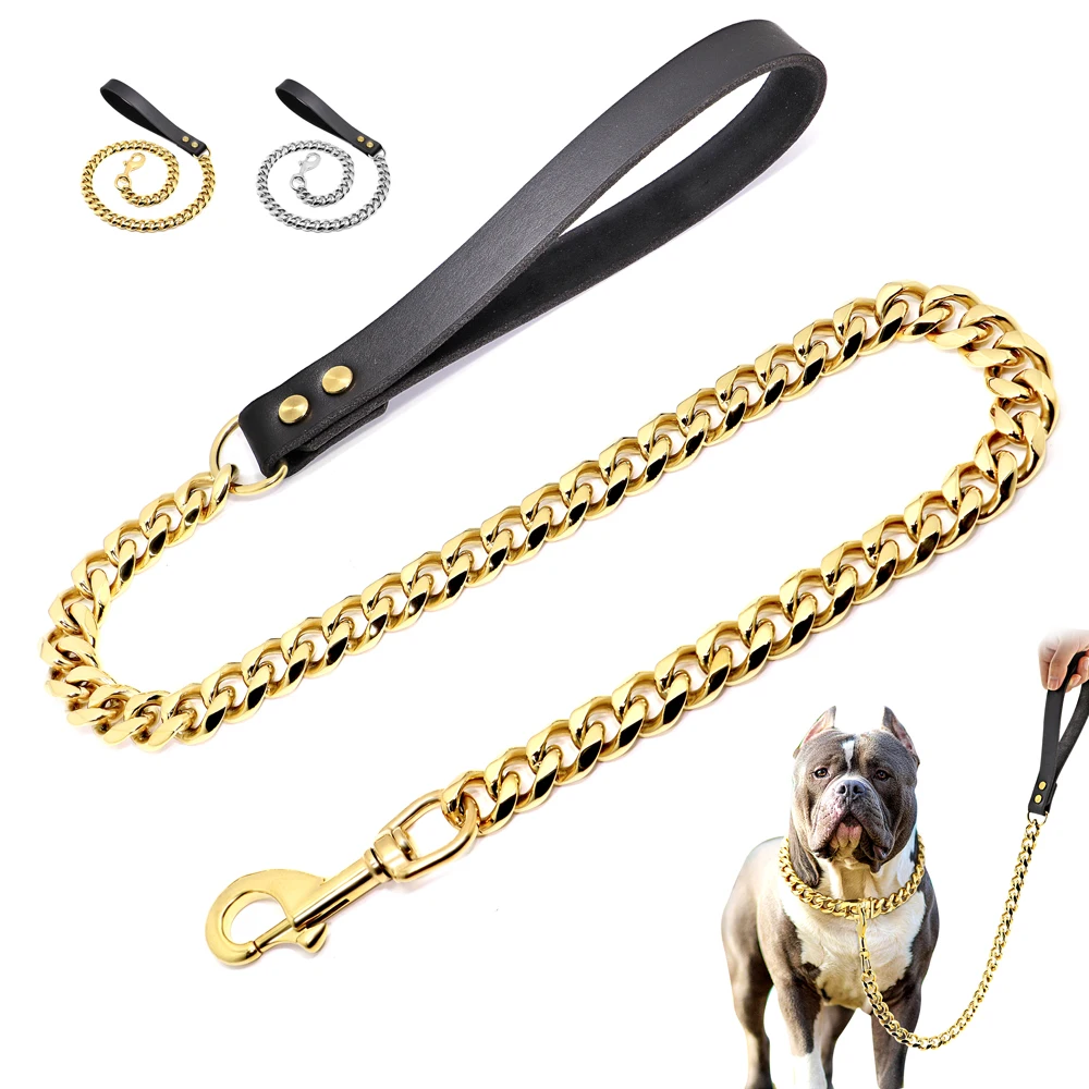 

90cm Durable Dog Chain Leash Soft Leather Handle Dogs Chrome Rope Heavy Duty Bulldog Pitbull Dog Chain Lead for Training Walking