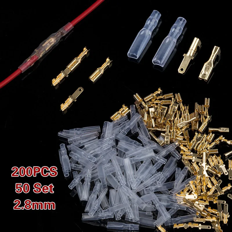 200Pcs 2.8mm Plug Spring Female Male Spade Cold Crimp Terminals Connector Car Speaker Electrical Wire Connectors Set