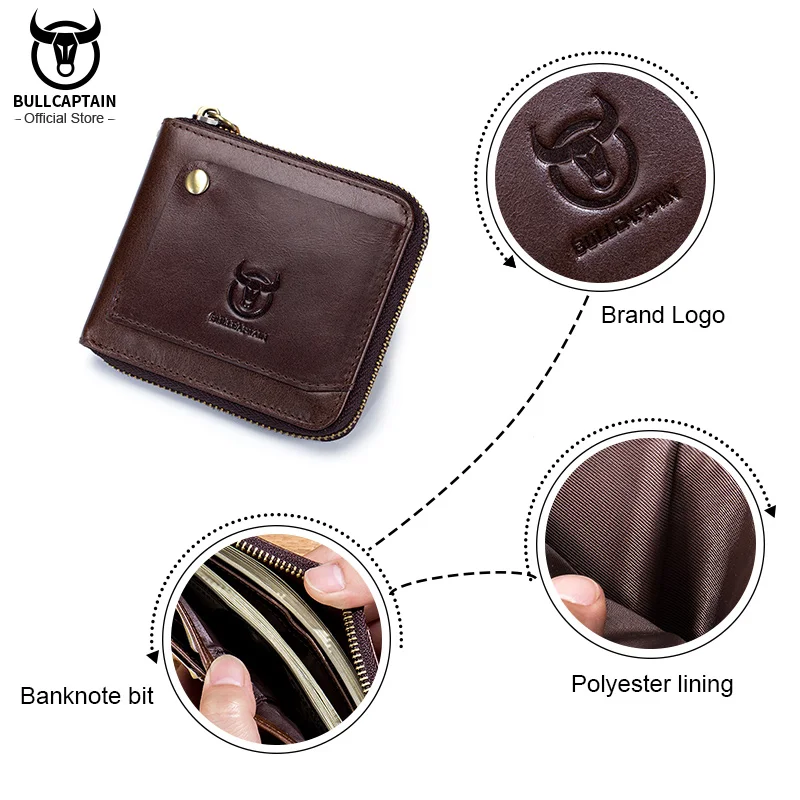 Bullcaptain Cowhide Genuine Leather Men Wallet Coin Purse Small Mini Card Holder Vintage PORTFOLIO Portomonee Male Walet Pocket
