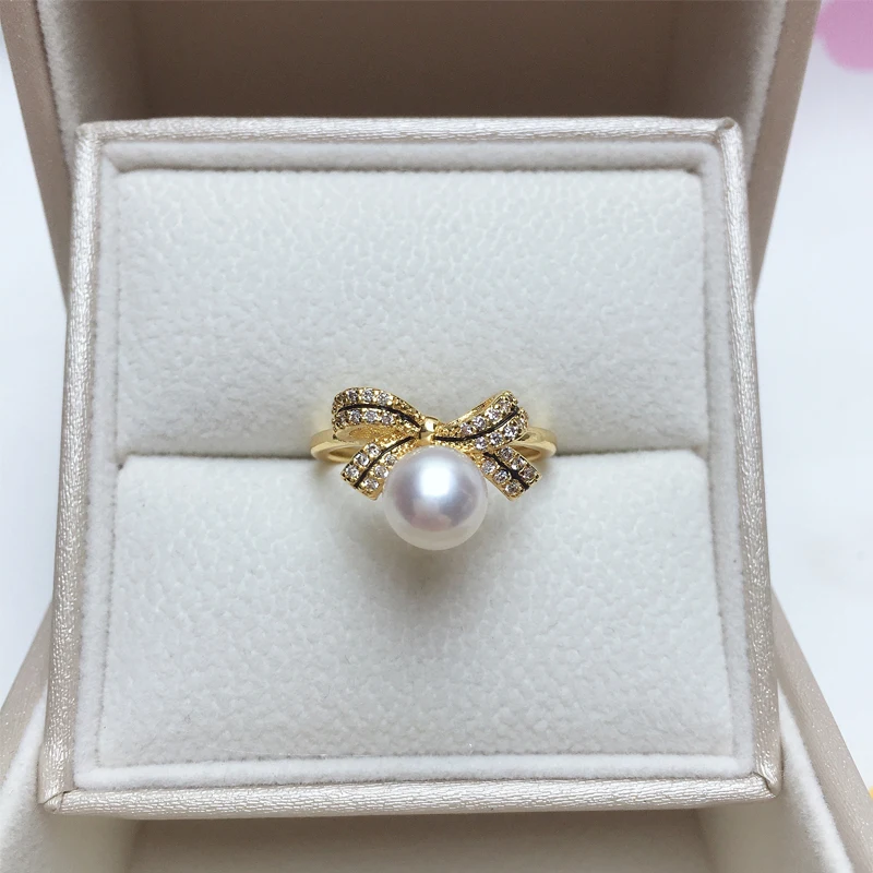 Zhboruini 100% Echte Natuurlijke Parel Ring Nieuwe Ins Persoonlijkheid Prachtige Boog 14K Goud Gild Design Vrouwelijke Meisje Ring Sieraden Voor Vrouw