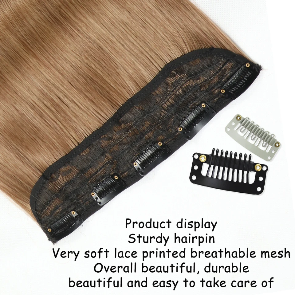 Extensión de cabello sintético liso de una pieza con 5 clips, rubio o marrón oscuro, resistente al calor 2