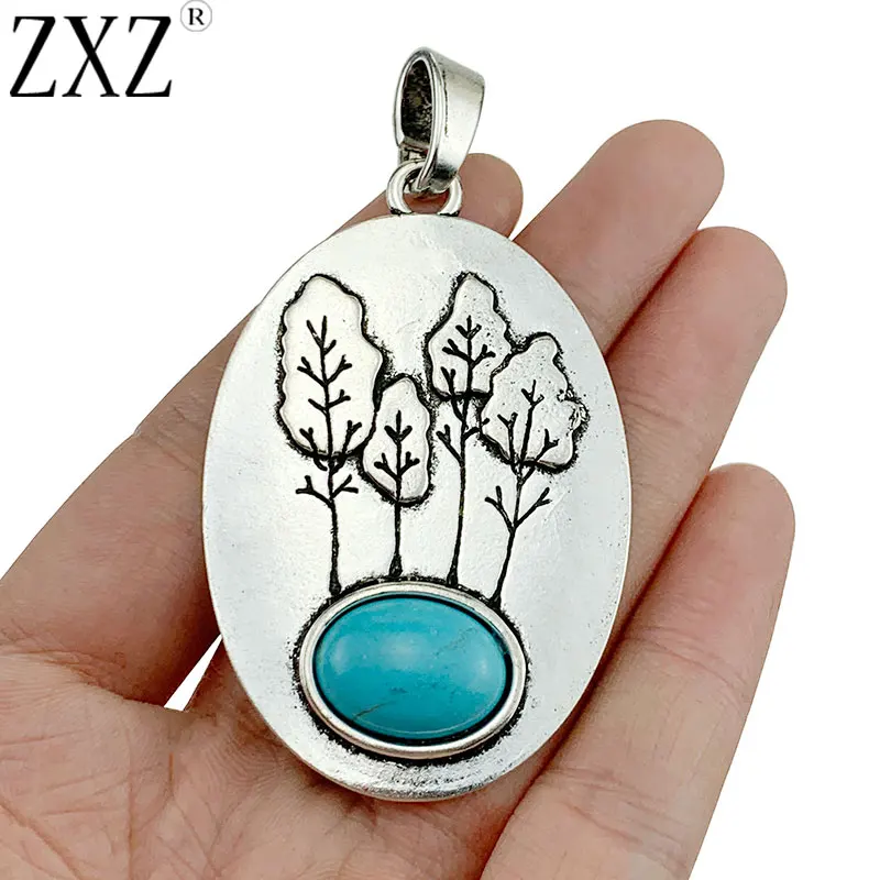 ZXZ 2pcs Tibetan Silver Large Tree With Imitation Stone Oval Shape Charms Pendants for Necklace Jewelry Making AccessoriesA