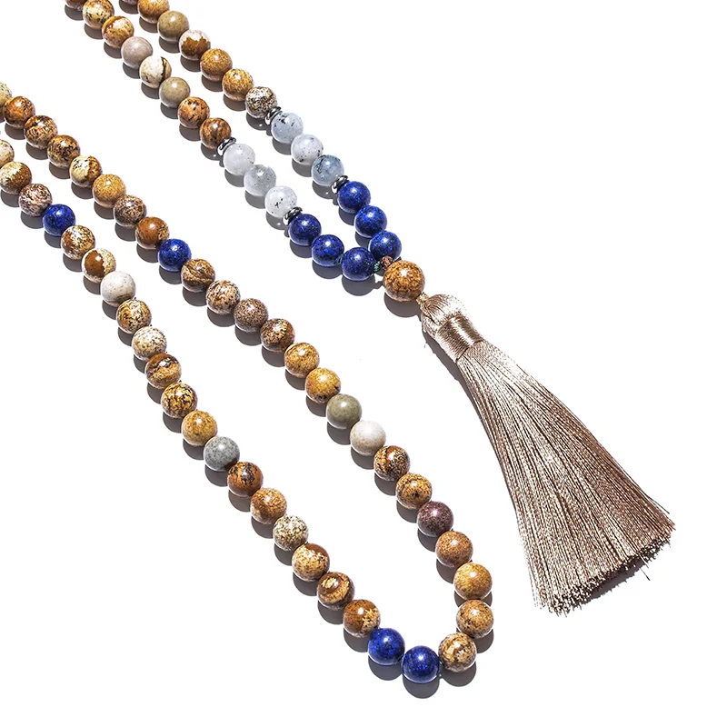 8mm Picture Jasper Lapis Lazuli Labradorite Japamala Beaded Necklace Meditation Yoga Women Jewelry 108 Mala Rosary