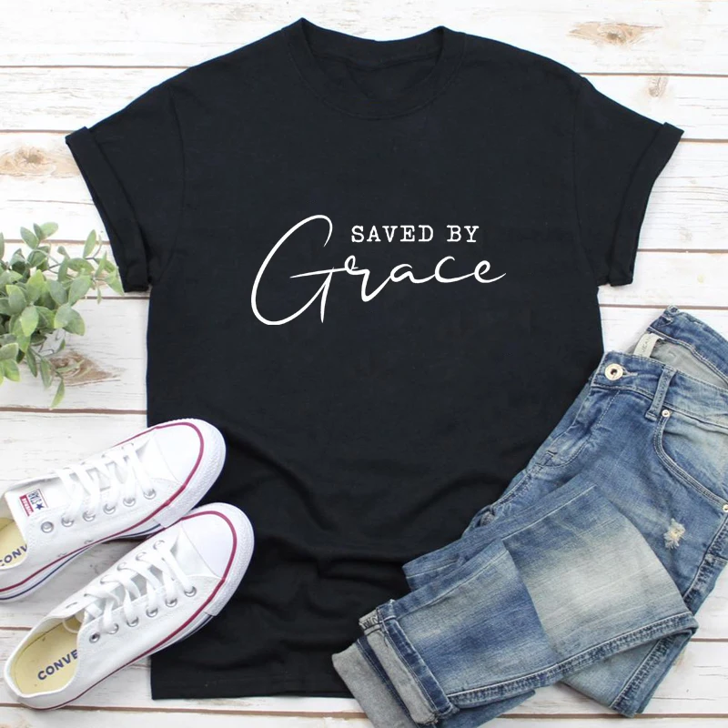 Saved By Grace 100% Cotton T-shirt Women Religious Christian Bible Top Tee Shirt Casual Jesus Religion Faith Tshirt Camiseta