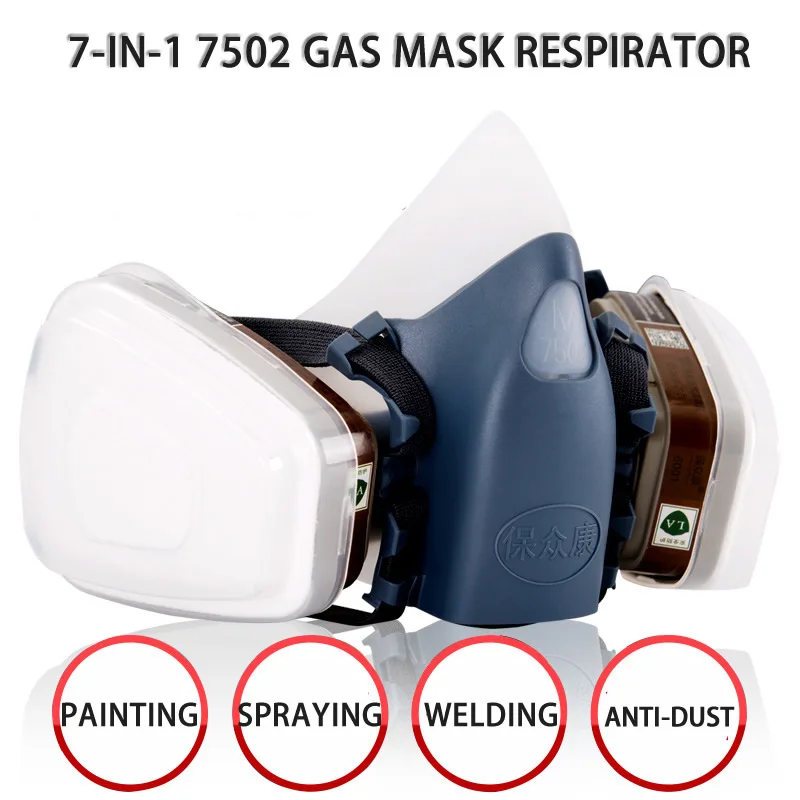 7-In-1 7502 Respiratory Facepiece Half Face Silica Gel Dust Gas Mask Safety Goggles For Painting Spraying Polishing Work Safety