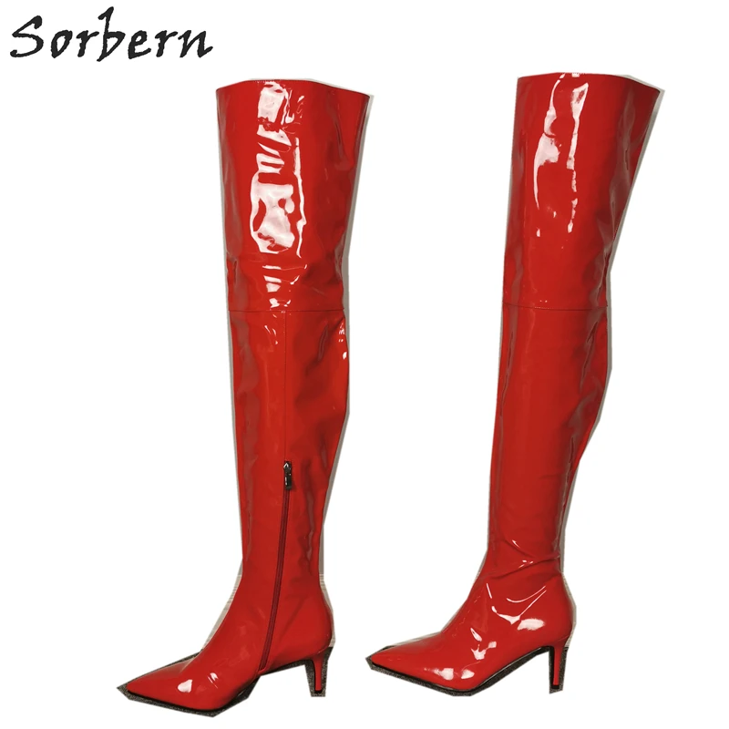 Sorbern 7.5Cm Kitten Heel Women Boots Over The Knee Stilettos Custom Leg Half Zip Side Boots Patent Leather More Colors