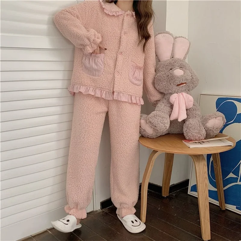 Bonito grosso inverno mais conjuntos de pijama de veludo feminino bolsos xadrez doce térmica chique flanela aconchegante terno nightwear estudantes coreanos