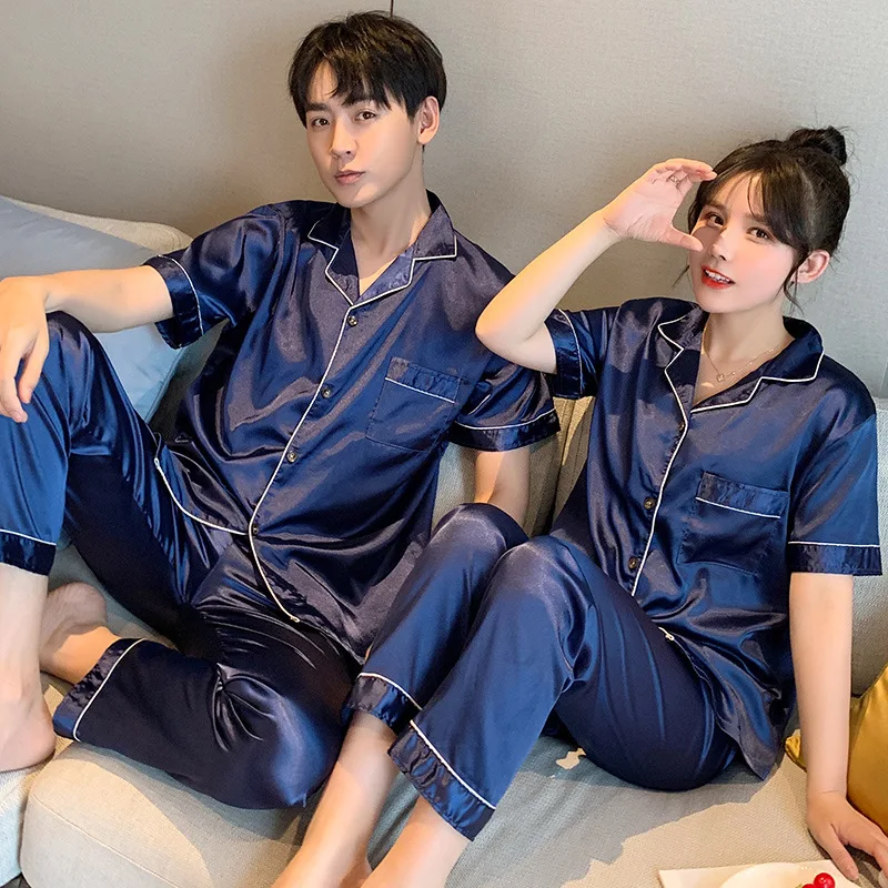 2021 New Summer Couple Satin Silk Pajamas Sets Lovers Sleepwear Family Pijama Lover Night Suit Men & Women Casual Home Clothing