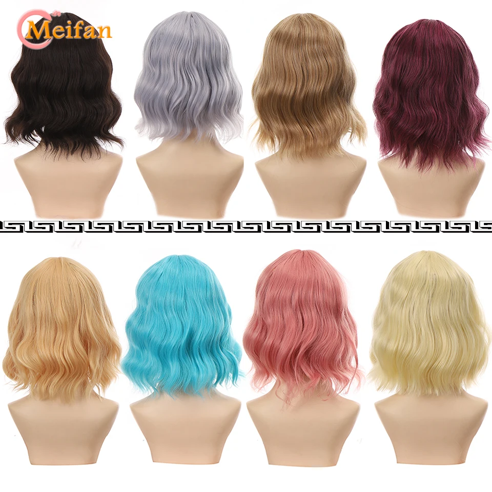 MEIFAN Short Omber Blonde Pink Wavy Bob Wig with Air Bangs Women\'s Synthetic Curly Bob Wig for Girl Colorful Cosplay Wigs