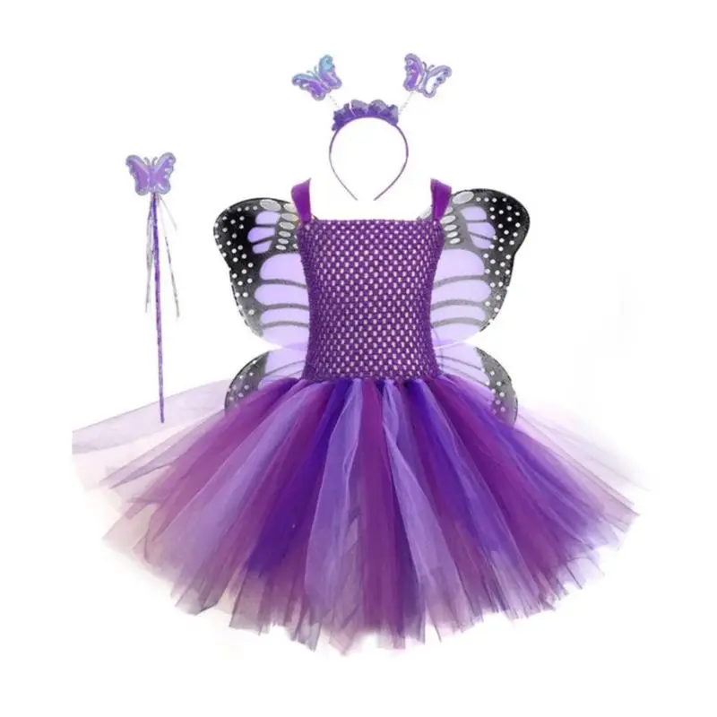 

Purple Fairy Butterfly Tutu Dress Girl With Wings Fancy Baby Girls Birthday Party Dresses Kids Cosplay Halloween Costume