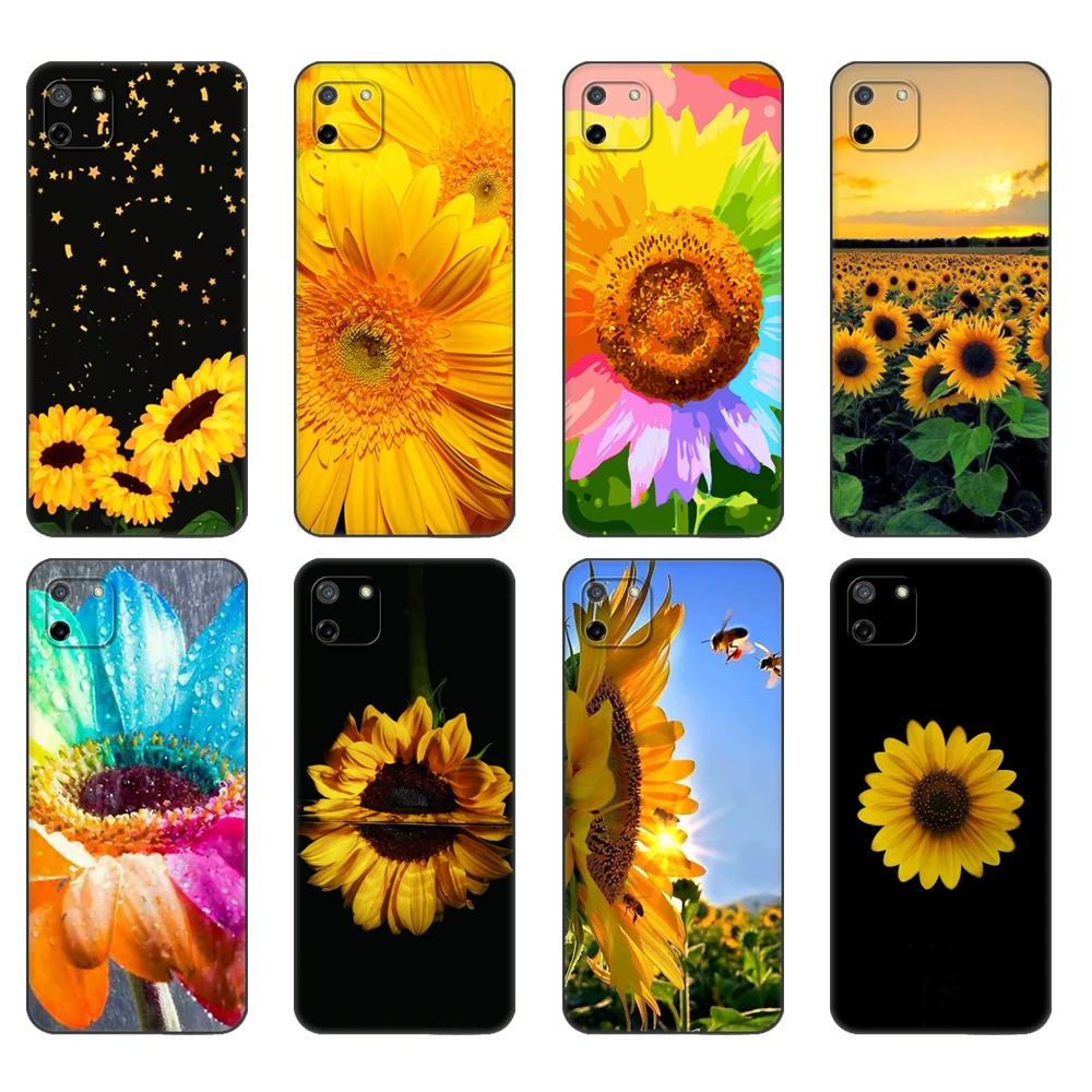 Black tpu Case For OPPO Realme C11 C20 C21 Case Back Cover BumperRMX2185 Case Cover Bumper Colorful Sunflower