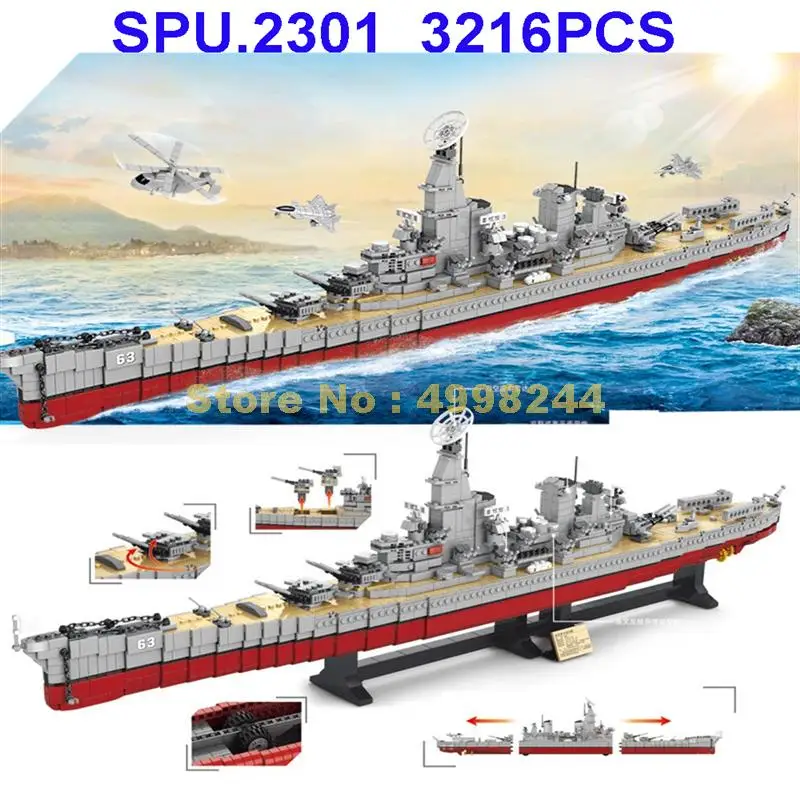 8723 3216pcs Military Navy Uss Missouri Warship Battleship Helicopter Fighter 1:280 Boy Building Blocks Toy