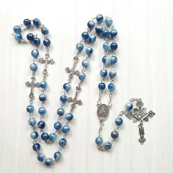 QIGO Blue Acrylic Rosary Necklace Long Cross Pendant Catholic Necklace Religious Jewelry For Men Women