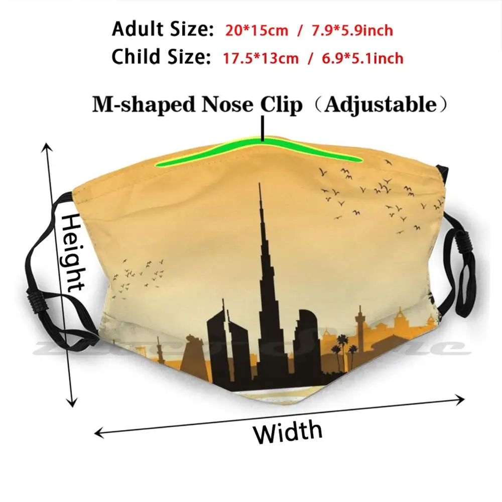 Dubai Skyline Silhouette Artwork Mask Cloth Washable DIY Filter Pm2.5 Adult Kids Dubai Skyline Silhouette Emirates City Sky