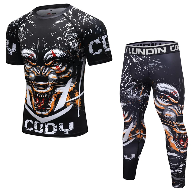 Men Boxing Suit Compression Sport Running T-Shirt+Pants Sets Tight Kickboxing Tracksuit MMA Muay Training Rashguard Fightwear