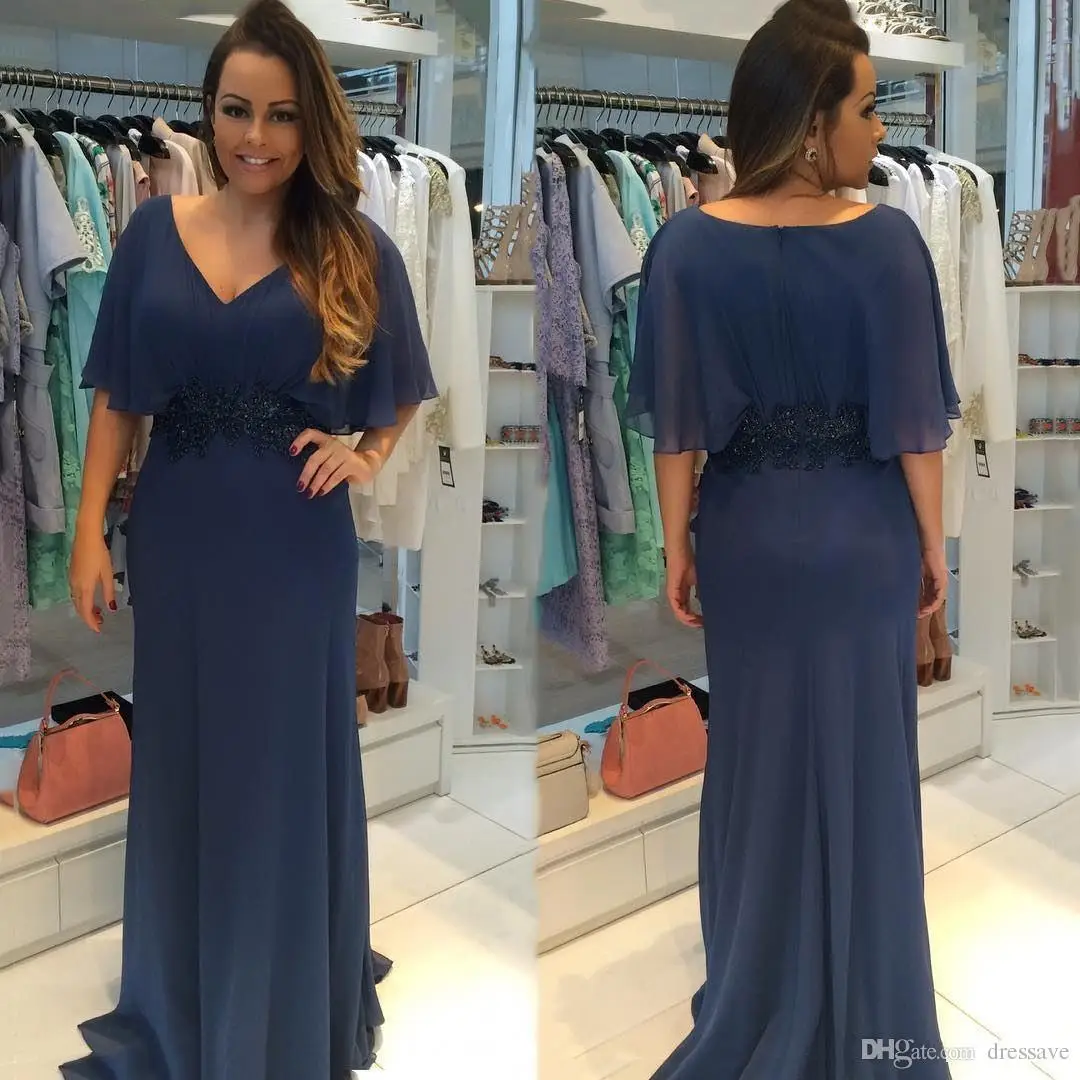 Dark Navy Cheap Mother of Bride Groom Dresses V Neck Short Sleeves Sheath Chiffon Long Mother Formal Evening Gowns