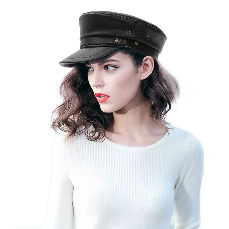 Women Newsboy Hats Vintage PU Leather Military Caps Fiddler Hat Captain Sailor Cap Baker Boy Peaked Cap