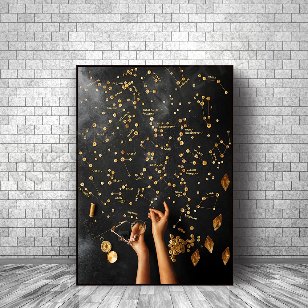 Surreal Northern Sky Poster | Starry Sky | Gold Constellation Poster | Zodiac Poster, Graphic Art Space Print Decoration