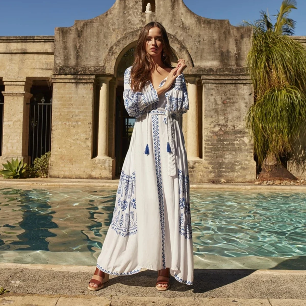 TEELYNN White Cotton Maxi Dress Women Ethnic Tunic Robe Vintage Long Sleeve Embroidery Autumn Dresses Boho Beach Loose Vestidos