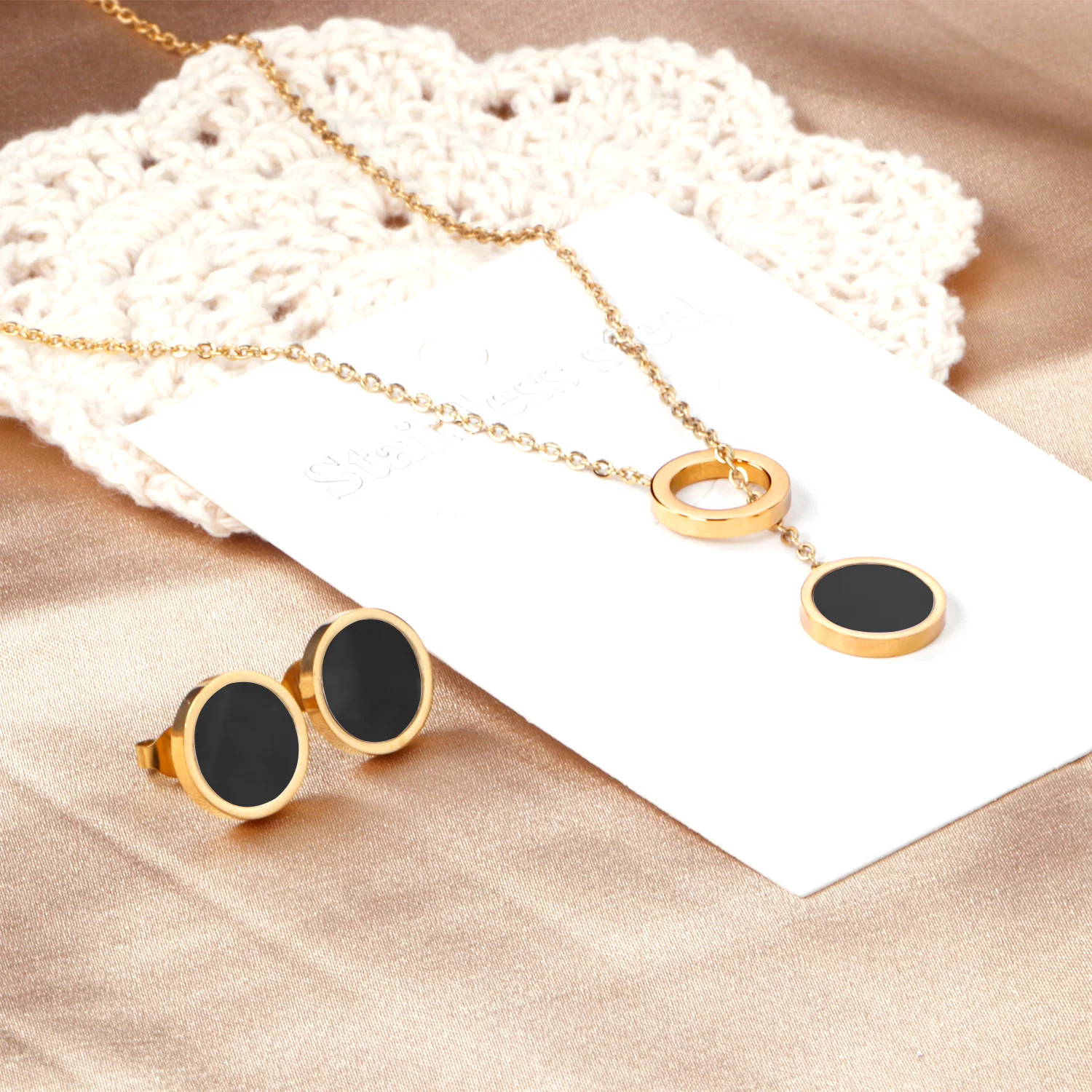 Luxus Stahl Edelstahl runde schwarze Muschel Ohrring setzt Brinco koreanischen Stil Gold Farbe durch Ketten Halskette Party Geschenk