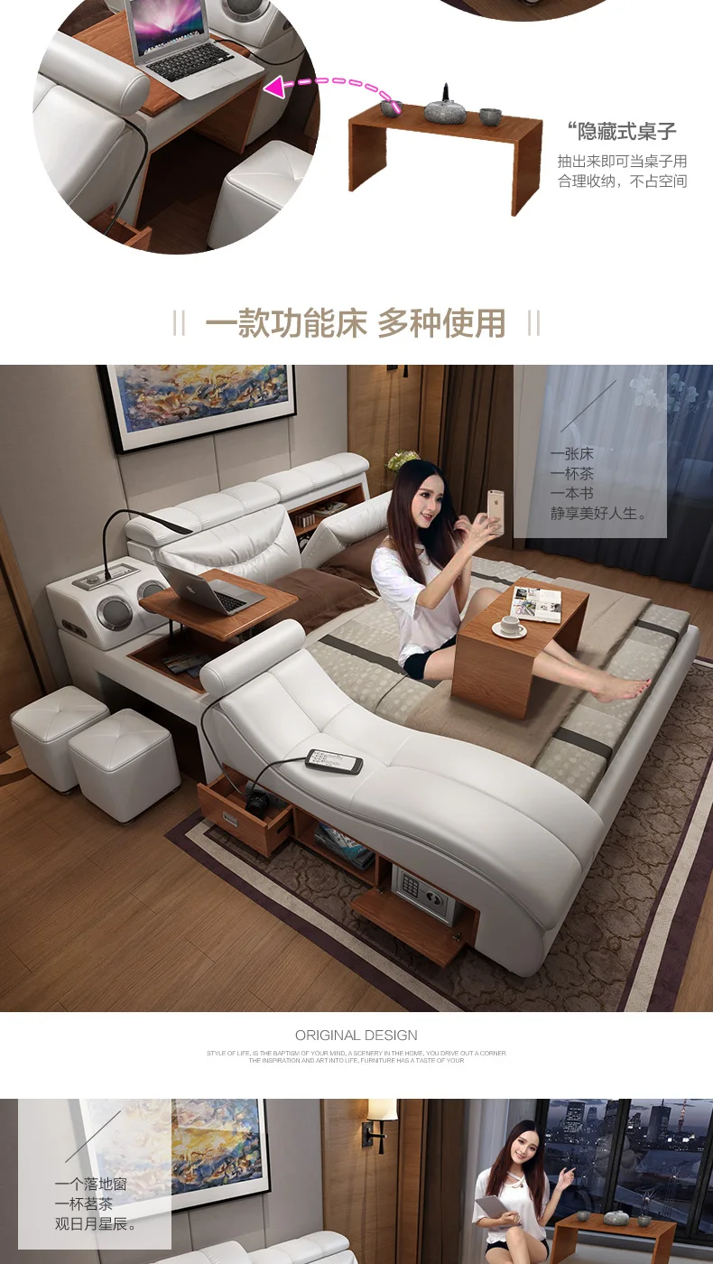 Struttura del letto in vera pelle letti morbidi massaggiatore stoccaggio sicuro altoparlante luce a LED camera da letto cama muebles de dormitorio /