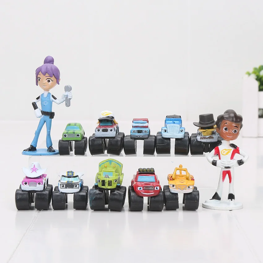 12 pz/set Blaze Flame Machines Trucks Model Miniature Action Figures Cartoon Car Toys Cake Micro Kids Toy Party Decor Gift