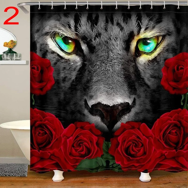 Waterproof Fabric Bathroom Decor Sets with Hooks, Wild Animal Shower Curtain, Lion, Tiger, Leopard, Flower Theme, Washable