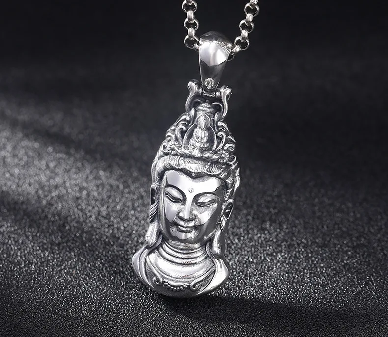 100% 925 Silver Kuanyin Buddha Pendant Vintage Sterling Avalokitesvara Bodhisattva Pendant Buddhist Guanyin Good Luck Pendant