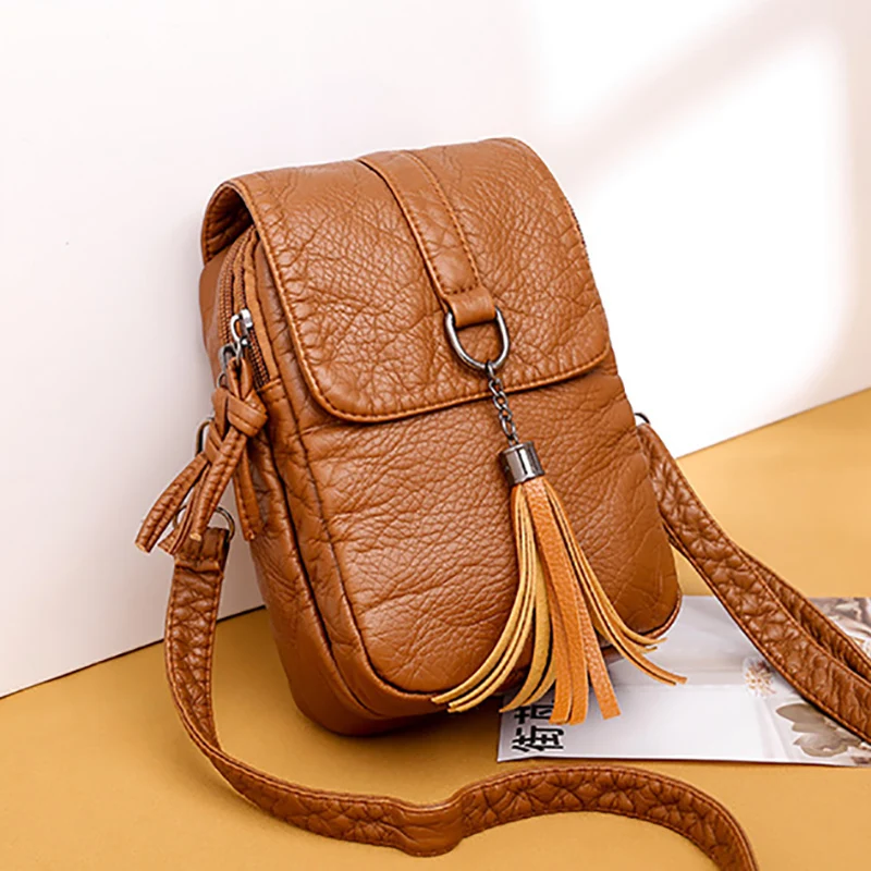 Soft Leather Crossbody Bags for Women High Quality Solid Color Tassel Shoulder Bag Retro Cell Phone Purse Handbags