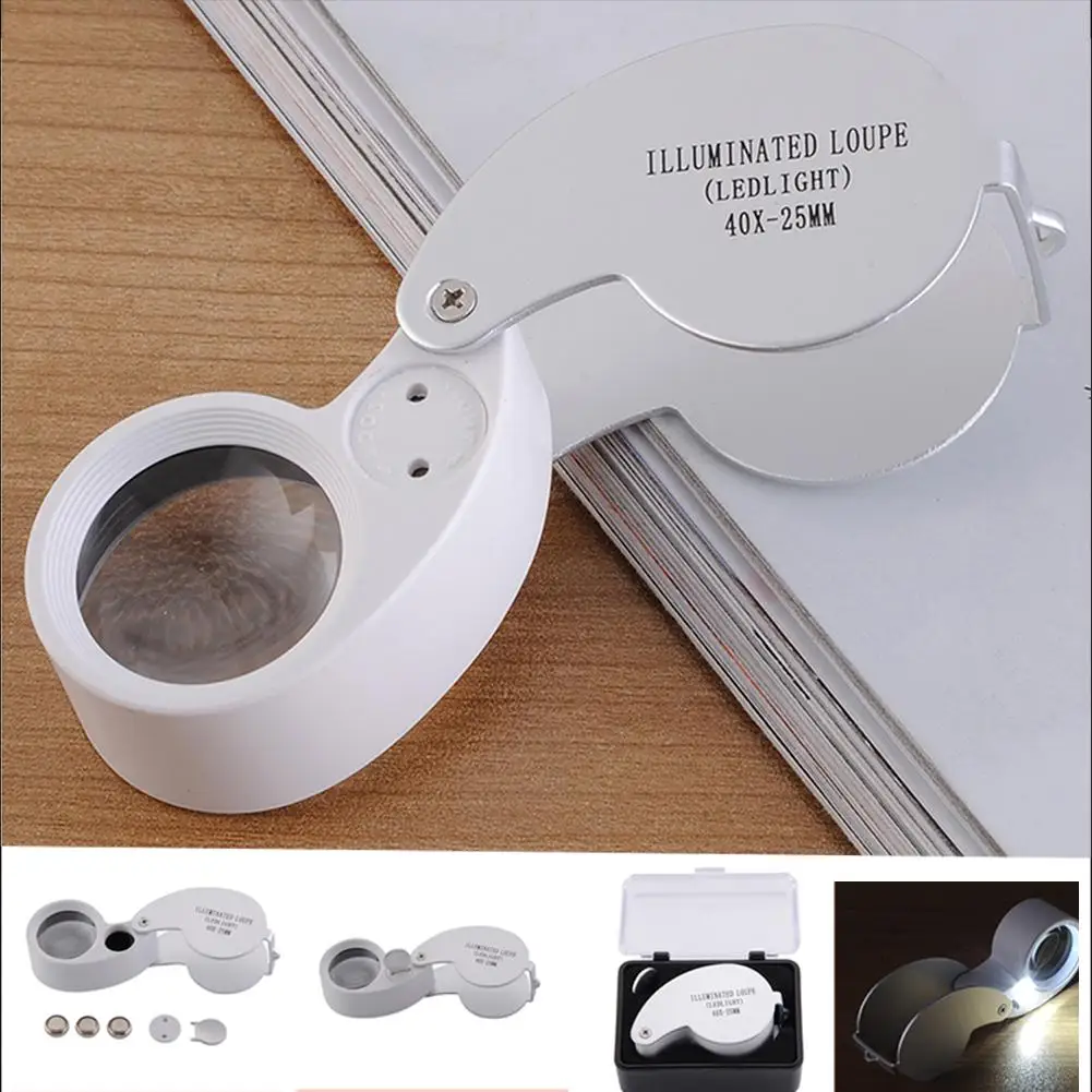 Portable LED Folding Jewelry 40X Magnifying Glass Aluminum Alloy Plastic Acrylic Optical Lens Silver With Battery