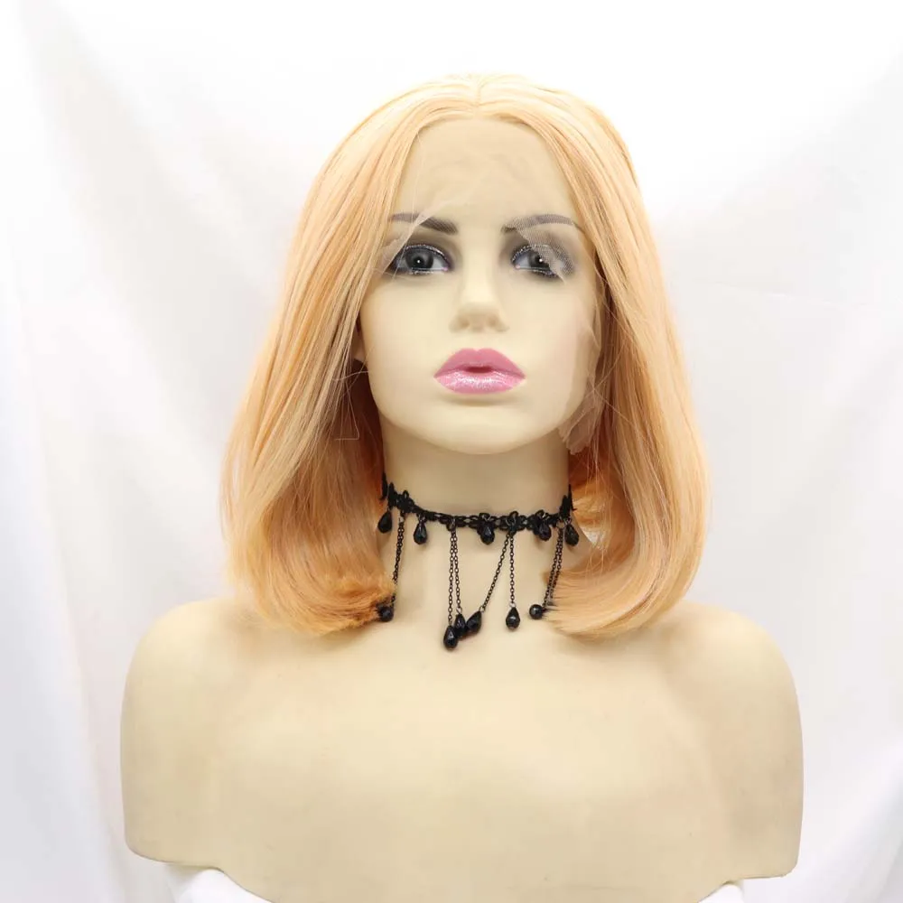 

Sylvia Synthetic Yellow Bob Lace Front Wigs Short Straight Hair Wig Heat Resistant Fiber Short Bob Wigs Middle Part 12"