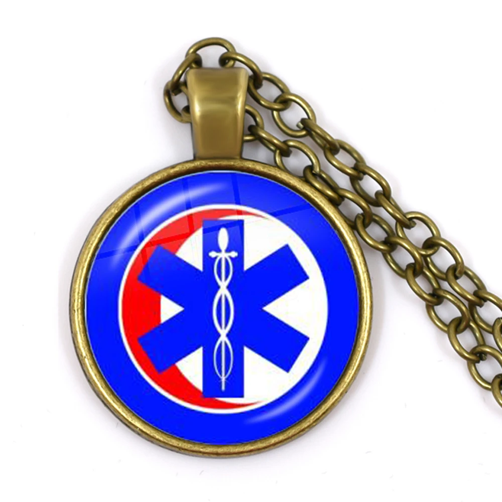 Emergency Medical Technician Paramedic Symbol Logo Pendant Necklace 25mm Glass Cabochon Blue Star of Life EMT Sign Jewelry Gift