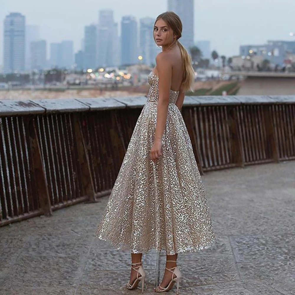 Precioso vestido de noche con purpurina para mujer, traje elegante con hombros descubiertos, Formal, hasta el tobillo, escote corazón, para fiesta de graduación, 2023