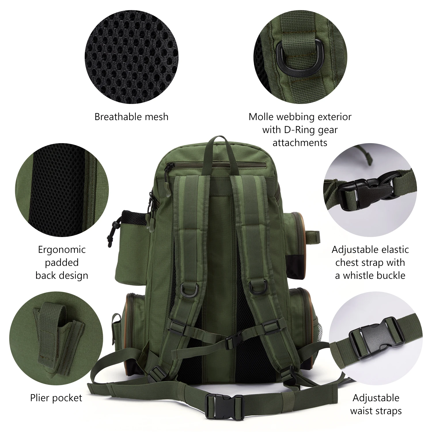 Bassdash Fishing Tackle Backpack Water Resistant Lightweight Tactical Bag Soft  with Rod Holder and Protective Without Trays