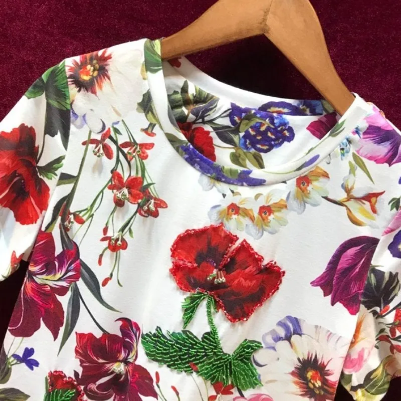 High Street Summer Vintage Printed Flowers T-Shirts Women Loose Fit O-Neck Short Sleeve Pullover Tops Female Beading Luxury Tees