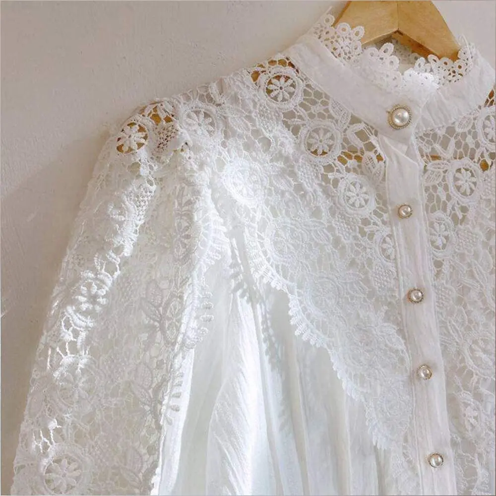 Autumn Women Stand Collar Lace Patchwork Shirts Casual Hollow Out Flower Petal Sleeve Buttonw Tops white shirts for women