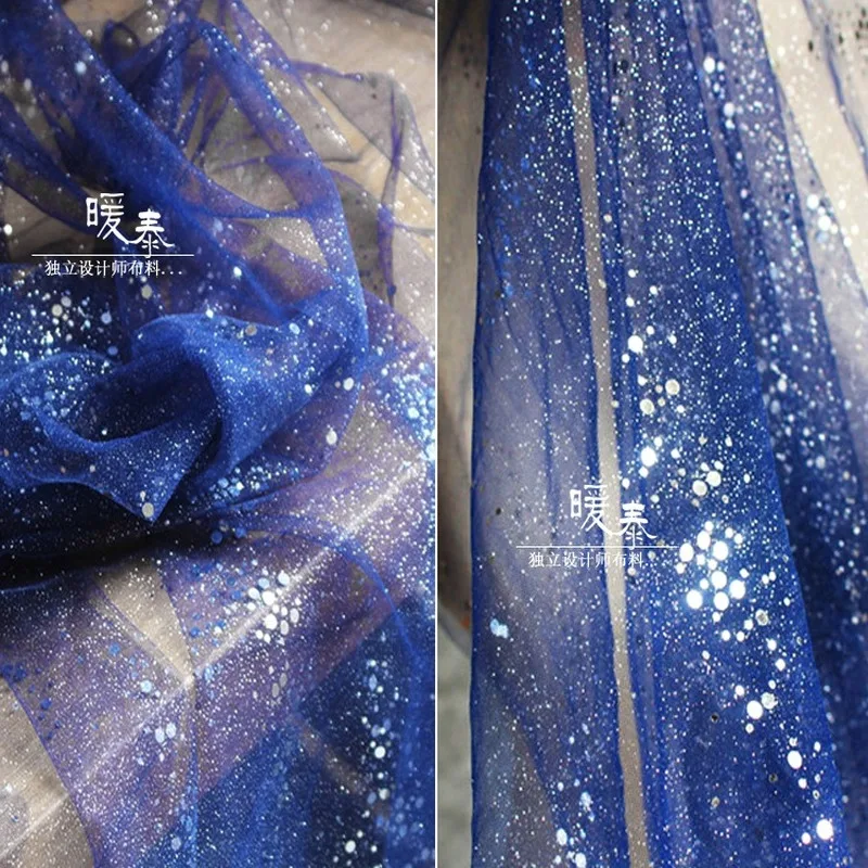 

Blue Sprinkling Gold Glitter Tulle Fabric Small Fragments Sequins DIY Background Decor Skirts Gown Wedding Dress Designer Fabric