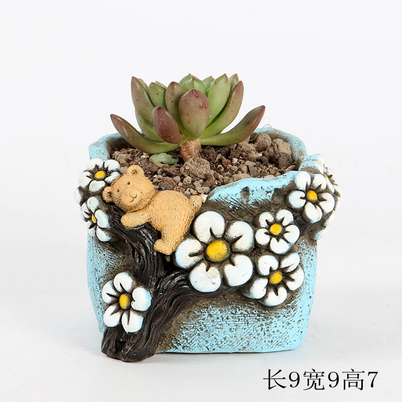 Strongwell Korean Bear Embossed Flower Pot Cement Fleshy Hand Made Painted Flowerpot Nordic Home Decoration Accessories Gift