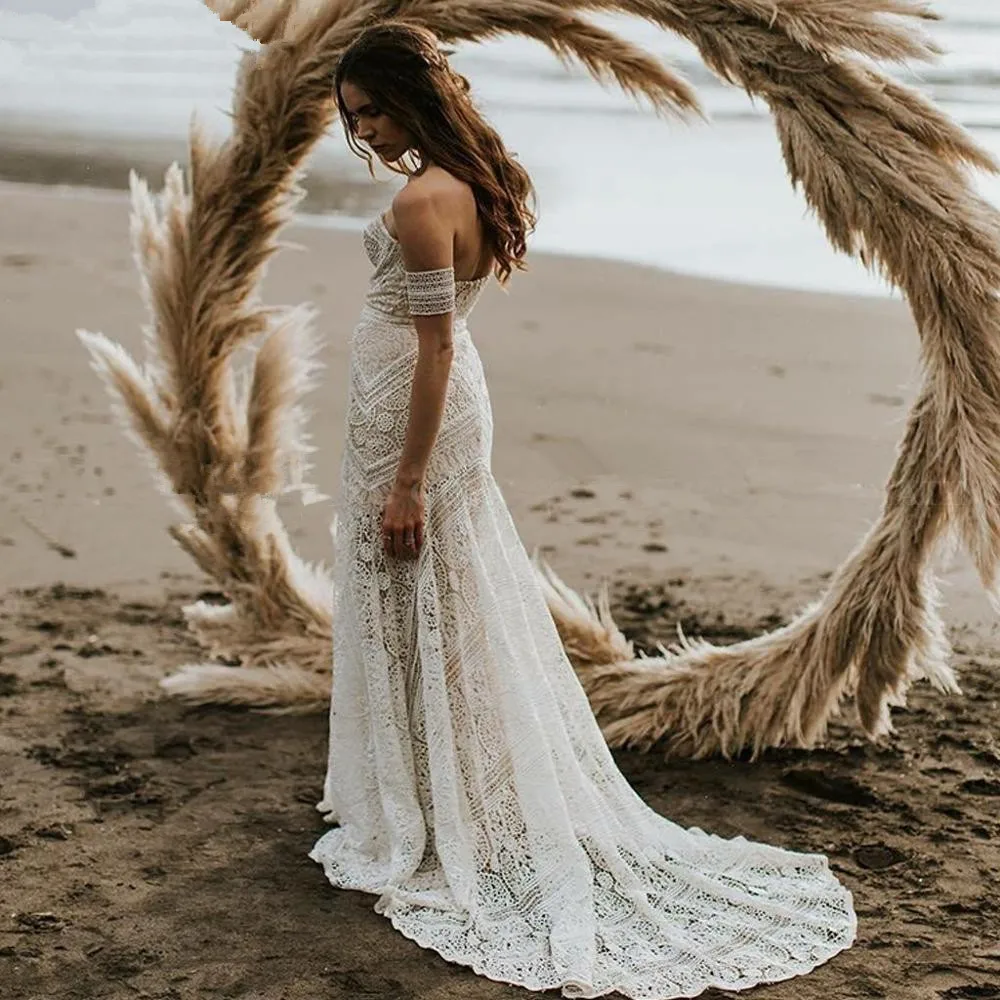 Vestidos de novia bohemios de encaje de sirena, Mangas desmontables, hombros descubiertos, trompeta, vestidos de novia largos de playa