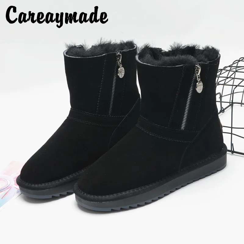 

Careaymade-Winter side zipper snow boots women's Cowhide middle tube women's boots wool antiskid flat bottom warm cotton shoes