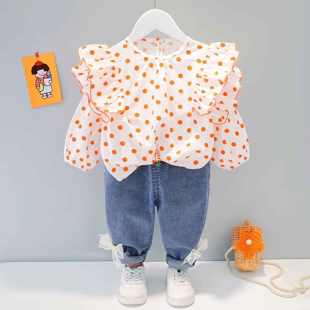 Cute Clothes for Kid Baby Girl Outfit Set Fashion Dot Lace Collar + Long Denim Bows Trousers Children Clothing 1 2 3 4 Years