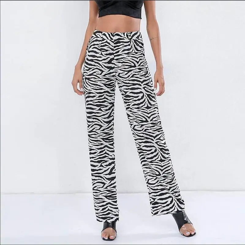 Laipelar moda Zebra nadruk zwierzęta szerokie spodnie nogi kobiet jesień zima spodnie typu Casual Sexy wysokiej talii spodnie rozszerzane