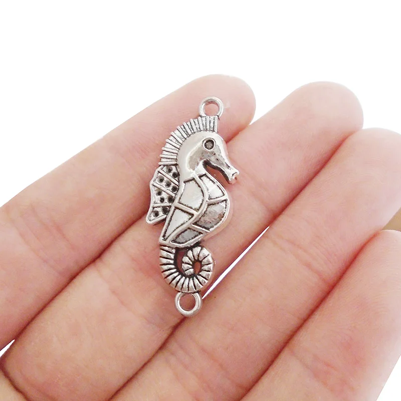 10 x Tibetan Silver Sea Horse Hippocamp Connectors Charms Pendants For DIY Bracelets Jewelry Making Findings Accessories 35x14mm