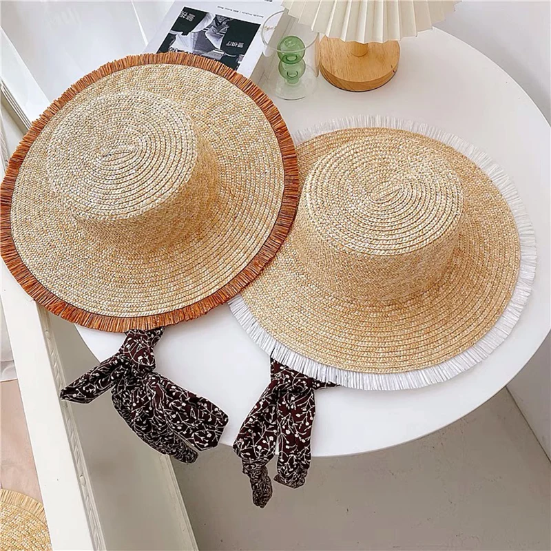 

New Custom Hat French Flat Top Straw Cap Female Fedora Hat Spring Summer Bucket Vacation Beach Hats Women Large Wide Brim Cape