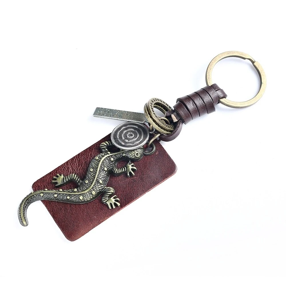 2024 Trend Jewelry Vintage Handwork Weave Genuine Leather Lizard Gecko Tower Keychain Charm Alloy Accessories Men Key Chain