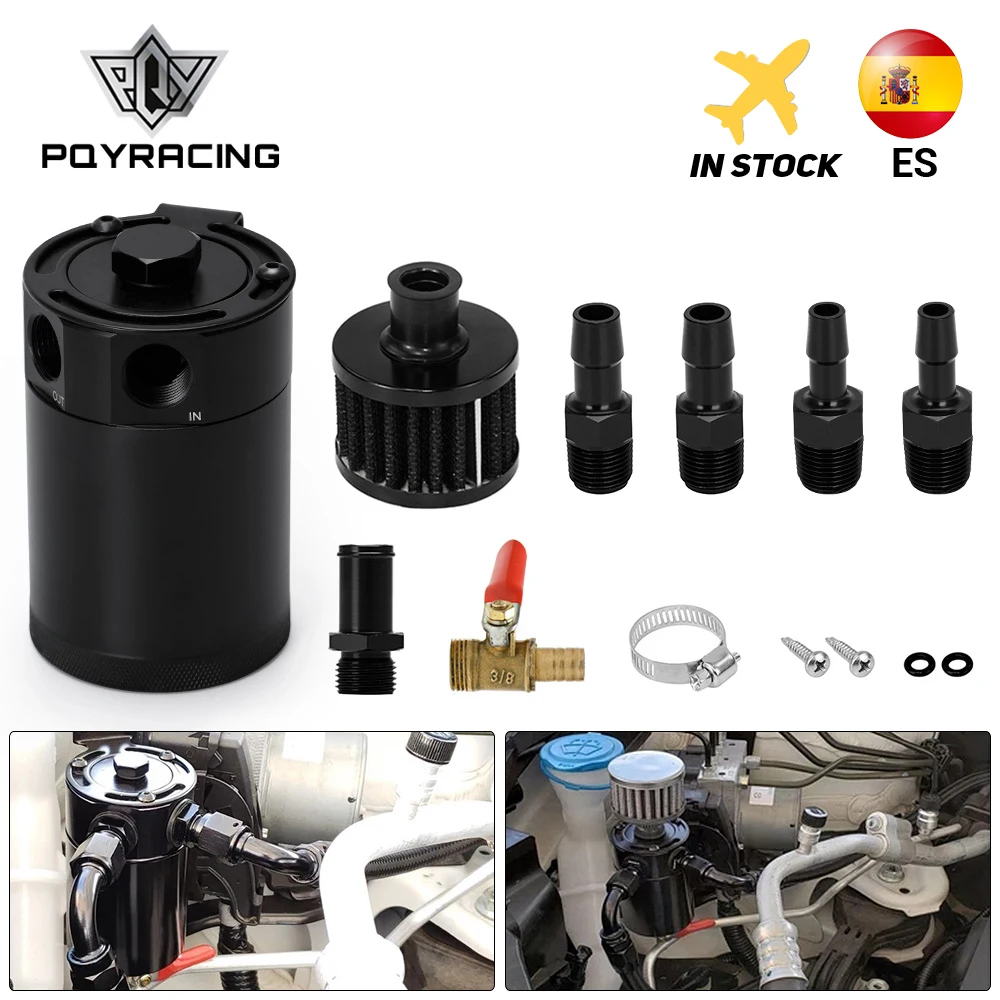 PQY - Universal Billet Aluminum Baffled 2-port Oil Catch Can Tank with Breather Filter Engine Mini Oil Separator PQY-TK92