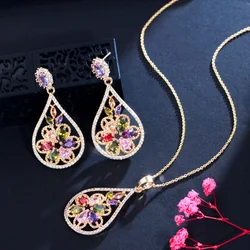 CWWZircons Dangle Drop Indian Yellow Gold Vintage Flower Jewelry Sets Multi Color Cubic Zirconia Earrings and Necklace Set T228